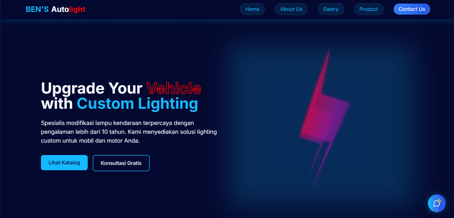 Screenshot Landing Page Ben's Autolight - Modifikasi Otomotif Premium